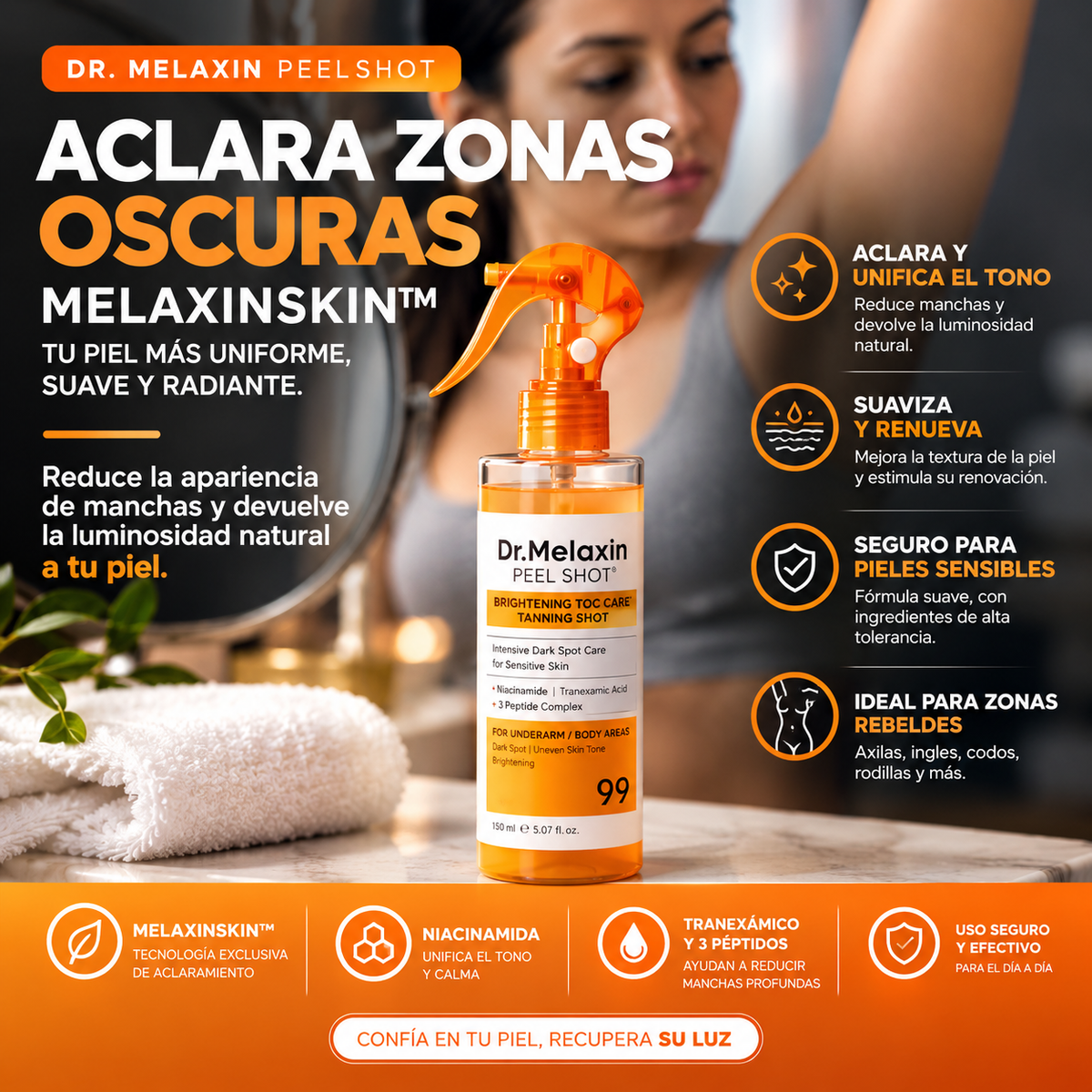 MelaxinSkin™ aclara zonas oscuras rápidamente